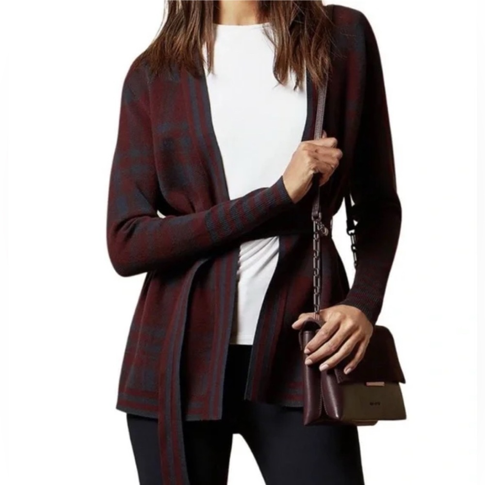 Ted Baker Isslaii Cardigan Without Belt‎ Burgundy Oxblood and Navy Striped